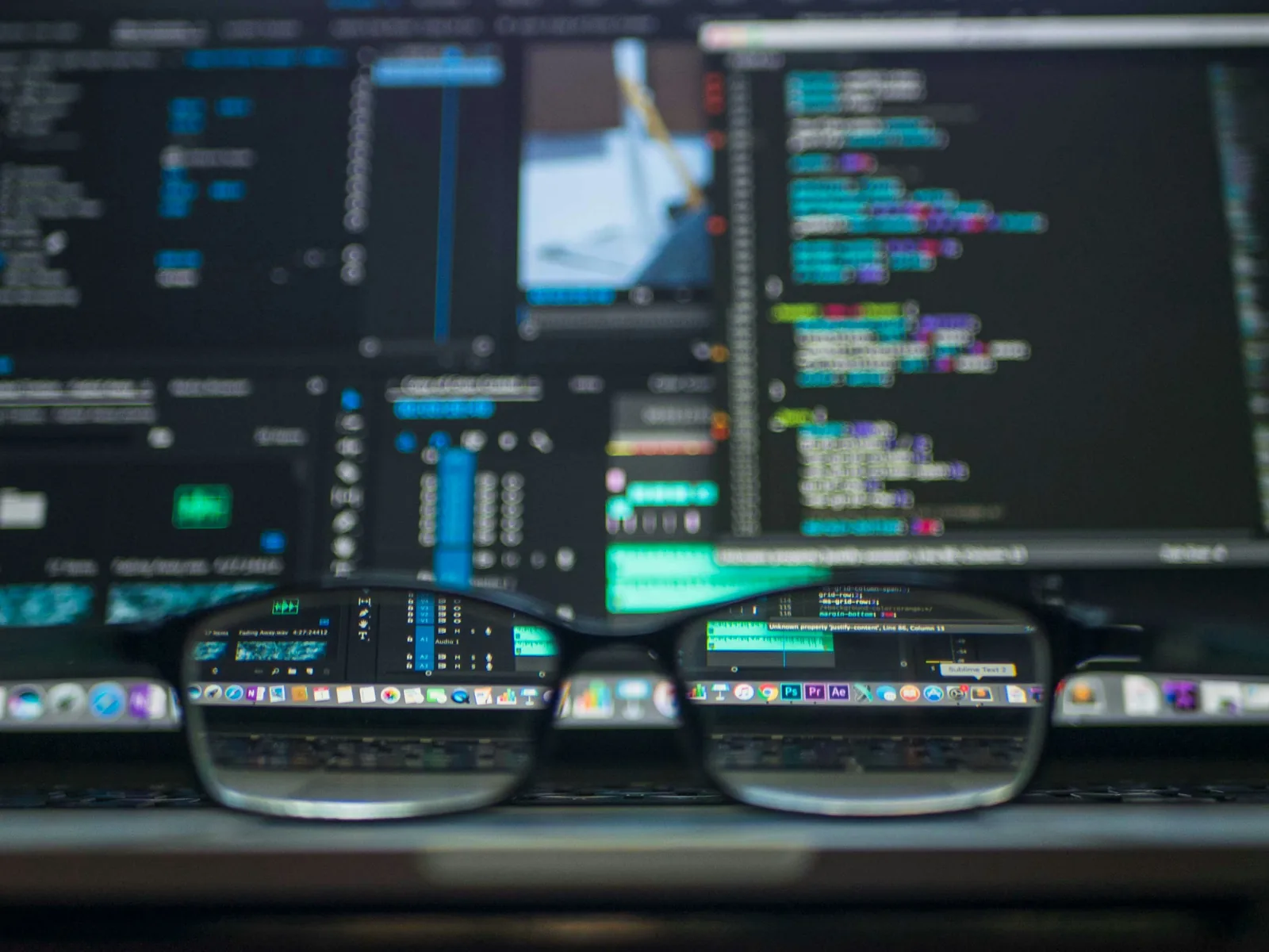 Web development tools on screen seen through glasses