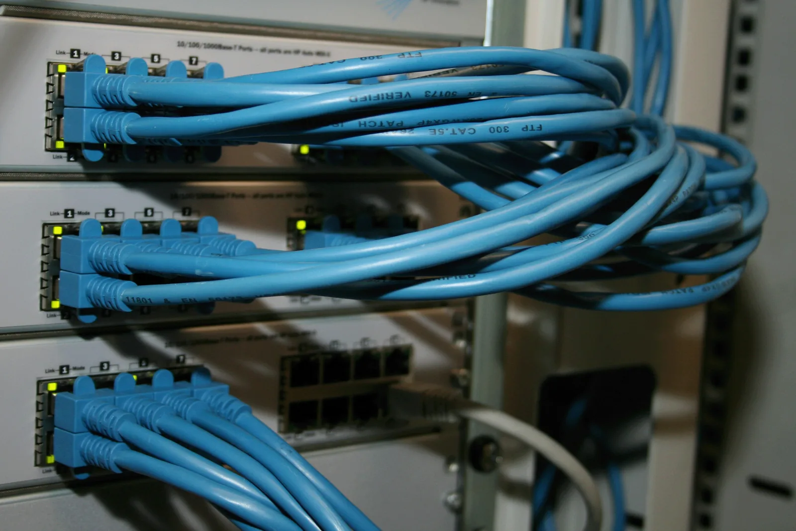 Blue network cables connected to office switches
