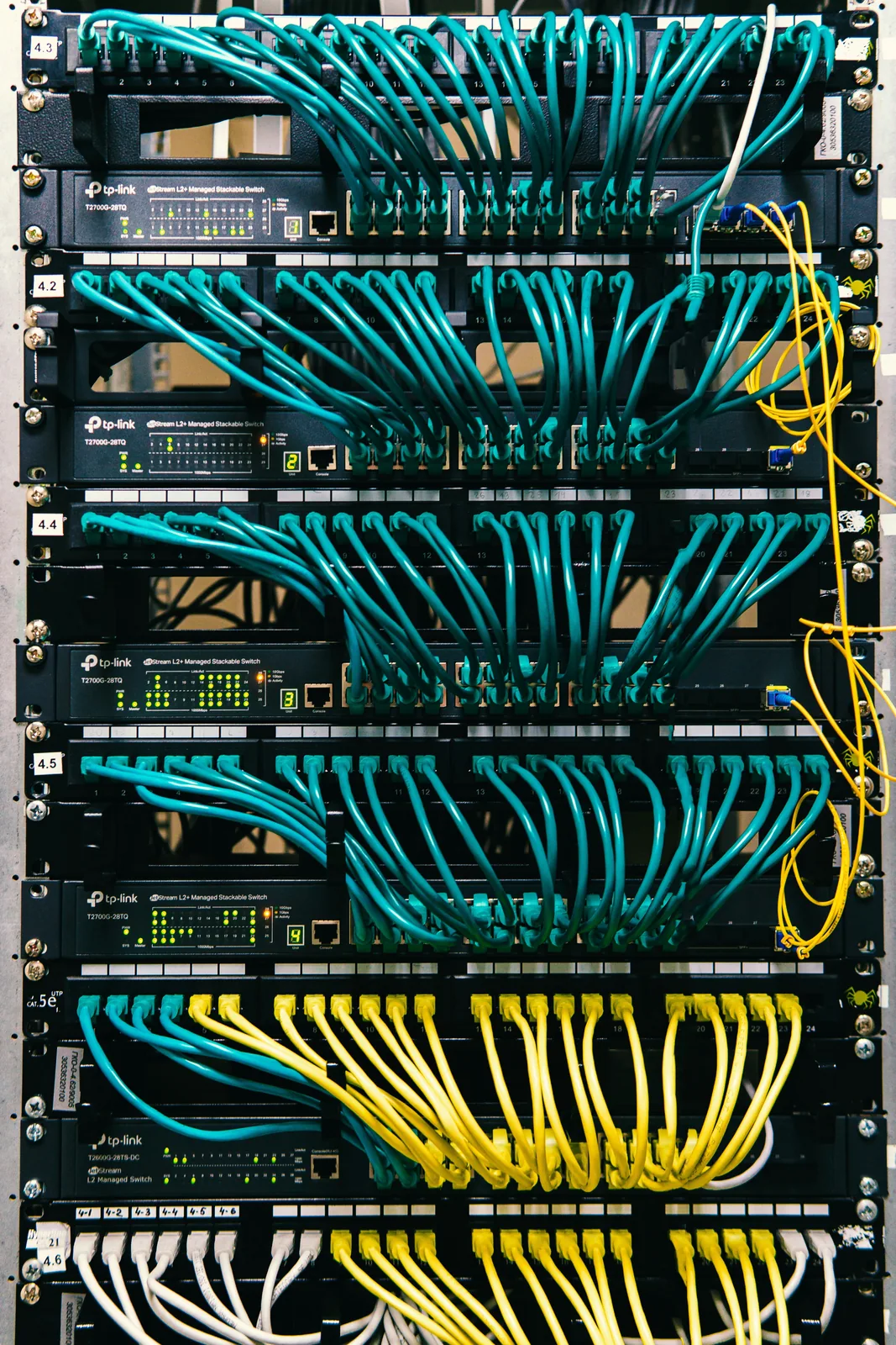 Network switches and patch panels neatly cabled in a server rack